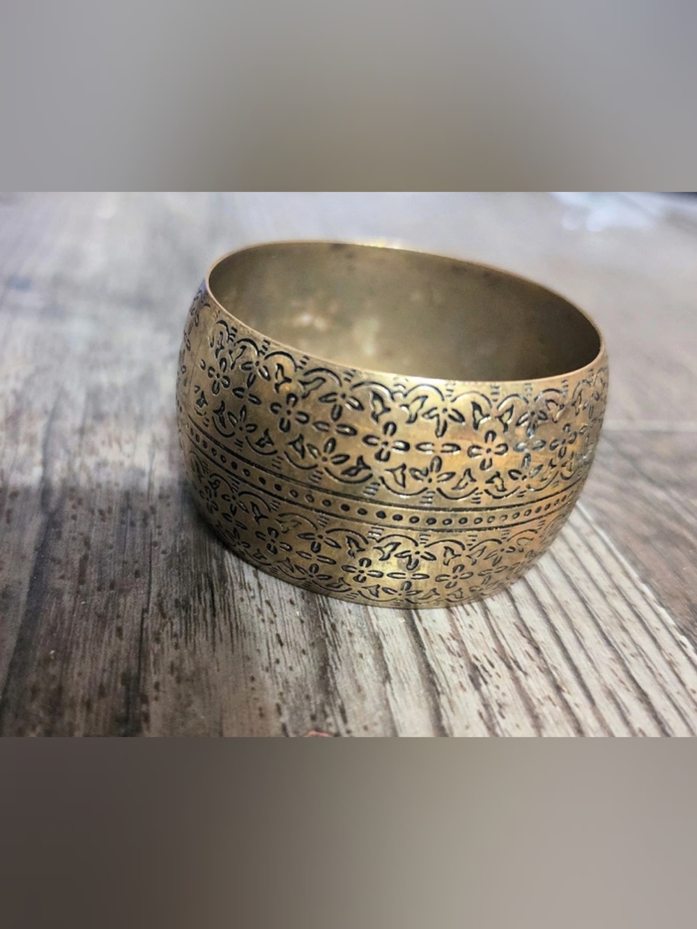 Vintage Engraved Floral Cuff Bracelet in Brass